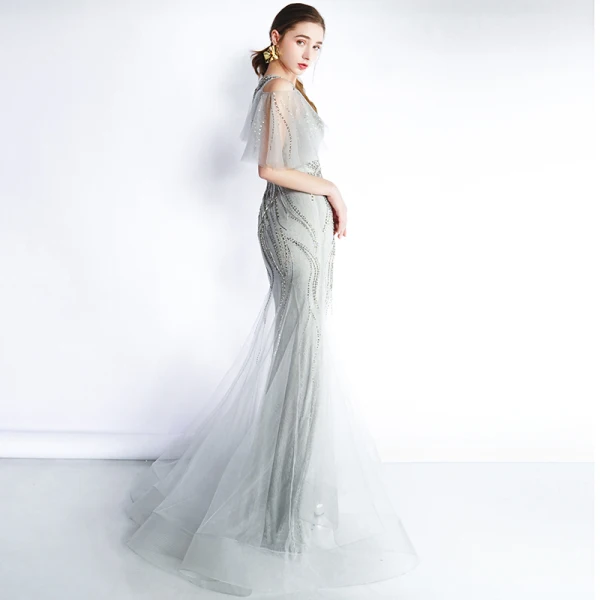 Luxury / Gorgeous Grey See-through Evening Dresses 2019 Trumpet / Mermaid Scoop Neck 1/2 Sleeves Sequins Beading Floor-Length / Long Ruffle Formal Dresses