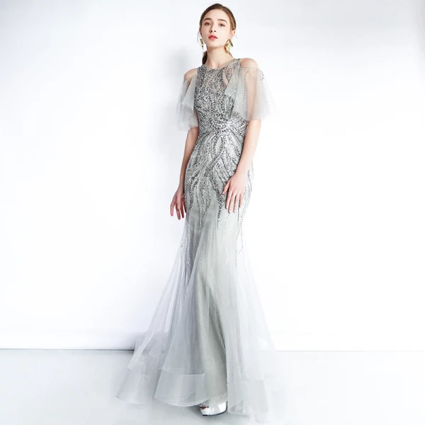 Luxury / Gorgeous Grey See-through Evening Dresses 2019 Trumpet / Mermaid Scoop Neck 1/2 Sleeves Sequins Beading Floor-Length / Long Ruffle Formal Dresses