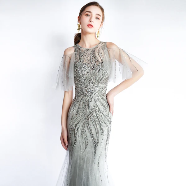 Luxury / Gorgeous Grey See-through Evening Dresses 2019 Trumpet / Mermaid Scoop Neck 1/2 Sleeves Sequins Beading Floor-Length / Long Ruffle Formal Dresses