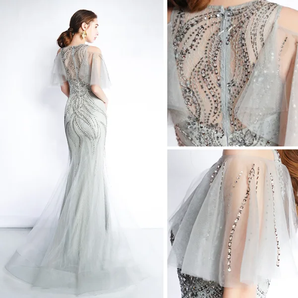 Luxury / Gorgeous Grey See-through Evening Dresses 2019 Trumpet / Mermaid Scoop Neck 1/2 Sleeves Sequins Beading Floor-Length / Long Ruffle Formal Dresses