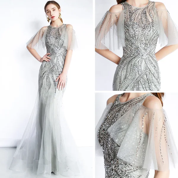 Luxury / Gorgeous Grey See-through Evening Dresses 2019 Trumpet / Mermaid Scoop Neck 1/2 Sleeves Sequins Beading Floor-Length / Long Ruffle Formal Dresses