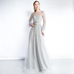 Luxe Gris Transparentes Robe De Soirée 2019 Princesse Encolure Dégagée Manches Longues Plumes Perlage Ceinture Train De Balayage Volants Robe De Ceremonie