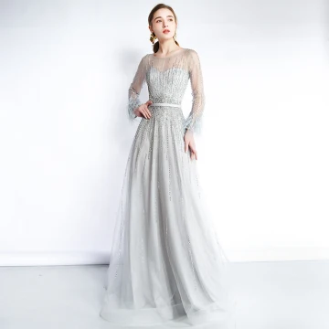 Luxury Gorgeous Grey See Through Evening Dresses 2019 A Line Princess Scoop Neck Long Sleeve Feather Beading Sash Sweep Train Ruffle Formal Dresses