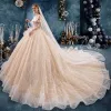 Bling Bling Champagne Wedding Dresses 2019 Ball Gown Off-The-Shoulder Short Sleeve Backless Beading Appliques Lace Glitter Tulle Cathedral Train Ruffle
