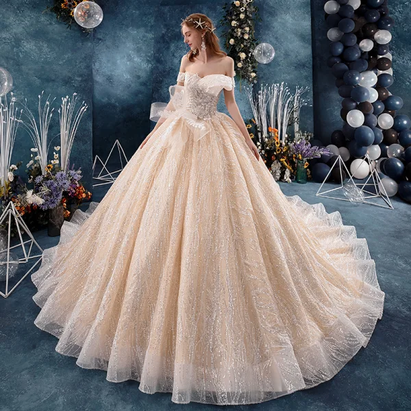 Bling Bling Champagne Wedding Dresses 2019 Ball Gown Off-The-Shoulder Short Sleeve Backless Beading Appliques Lace Glitter Tulle Cathedral Train Ruffle