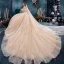 Bling Bling Champagne Wedding Dresses 2019 Ball Gown Off-The-Shoulder Short Sleeve Backless Beading Appliques Lace Glitter Tulle Cathedral Train Ruffle