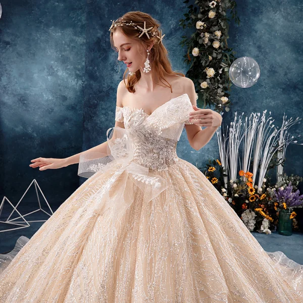 Bling Bling Champagne Wedding Dresses 2019 Ball Gown Off-The-Shoulder Short Sleeve Backless Beading Appliques Lace Glitter Tulle Cathedral Train Ruffle