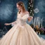 Bling Bling Champagne Wedding Dresses 2019 Ball Gown Off-The-Shoulder Short Sleeve Backless Beading Appliques Lace Glitter Tulle Cathedral Train Ruffle