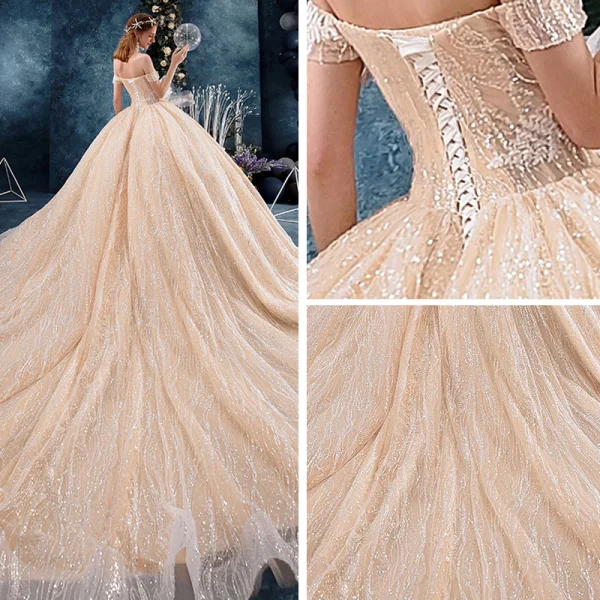 Bling Bling Champagne Wedding Dresses 2019 Ball Gown Off-The-Shoulder Short Sleeve Backless Beading Appliques Lace Glitter Tulle Cathedral Train Ruffle