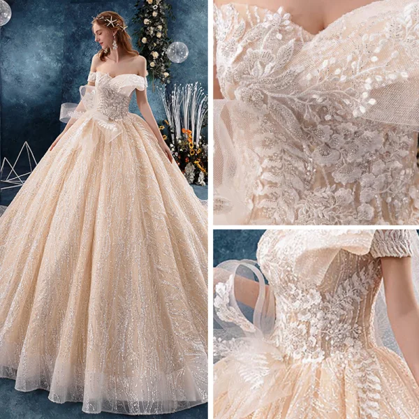 Bling Bling Champagne Wedding Dresses 2019 Ball Gown Off-The-Shoulder Short Sleeve Backless Beading Appliques Lace Glitter Tulle Cathedral Train Ruffle