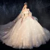 Bling Bling Champagne Wedding Dresses 2019 Ball Gown Sweetheart Detachable Puffy 1/2 Sleeves Backless Appliques Lace Glitter Tulle Chapel Train Ruffle