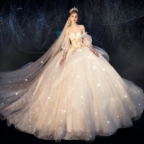 Bling Bling Champagner Brautkleider / Hochzeitskleider 2019 Ballkleid Herz-Ausschnitt Abnehmbar Geschwollenes 1/2 Ärmel Rückenfreies Applikationen Spitze Glanz Tülle Kapelle-Schleppe Rüschen