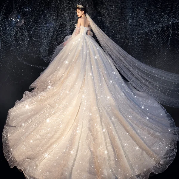 Bling Bling Champagne Brudekjoler 2019 Ballkjole Kjæreste Avtakbar Puffy 1/2 Ermer Ryggløse Appliques Blonder Glitter Tyll Chapel Train Buste