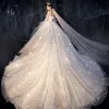 Bling Bling Champagne Wedding Dresses 2019 Ball Gown Sweetheart Detachable Puffy 1/2 Sleeves Backless Appliques Lace Glitter Tulle Chapel Train Ruffle
