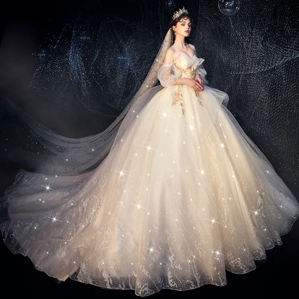 Bling Bling Champagne Brudekjoler 2019 Ballkjole Kjæreste Avtakbar Puffy 1/2 Ermer Ryggløse Appliques Blonder Glitter Tyll Chapel Train Buste