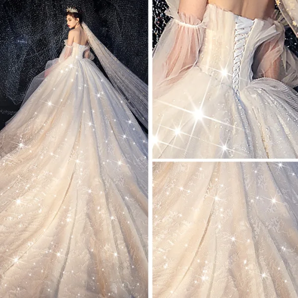 Bling Bling Champagne Brudekjoler 2019 Ballkjole Kjæreste Avtakbar Puffy 1/2 Ermer Ryggløse Appliques Blonder Glitter Tyll Chapel Train Buste