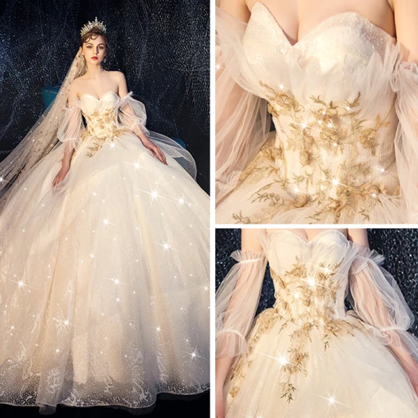 Bling Bling Champagne Brudekjoler 2019 Ballkjole Kjæreste Avtakbar Puffy 1/2 Ermer Ryggløse Appliques Blonder Glitter Tyll Chapel Train Buste