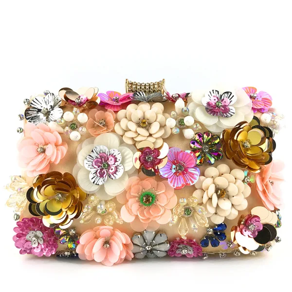 Chic / Beautiful Yellow Rhinestone Pearl Sequins Outdoor / Garden Clutch Bags 2023 Satin