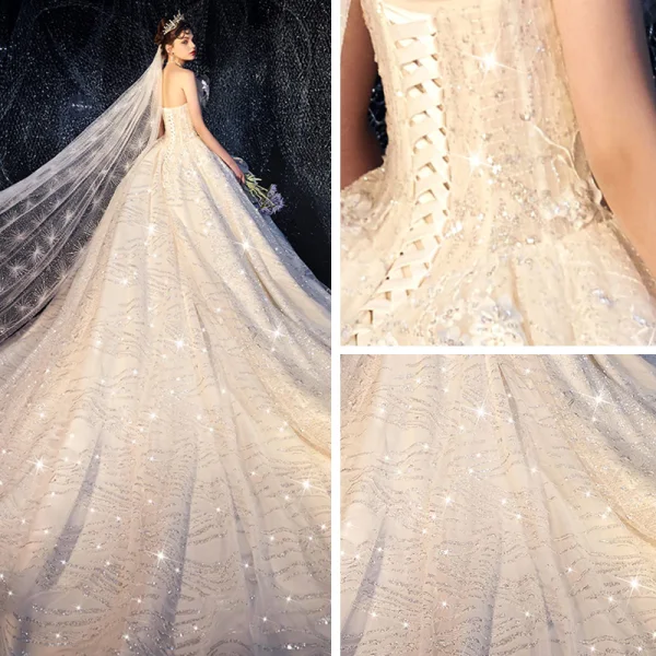 Bling Bling Champagne Brudekjoler 2019 Ballkjole Kjæreste Uten Ermer Ryggløse Appliques Blonder Glitter Paljetter Tyll Chapel Train Buste