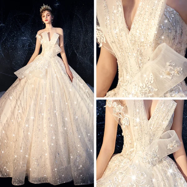 Bling Bling Champagne Brudekjoler 2019 Ballkjole Kjæreste Uten Ermer Ryggløse Appliques Blonder Glitter Paljetter Tyll Chapel Train Buste