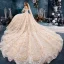 Schöne Champagner Brautkleider / Hochzeitskleider 2019 Ballkleid Off Shoulder Kurze Ärmel Rückenfreies Applikationen Spitze Kathedrale Schleppe Rüschen