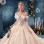 Schöne Champagner Brautkleider / Hochzeitskleider 2019 Ballkleid Off Shoulder Kurze Ärmel Rückenfreies Applikationen Spitze Kathedrale Schleppe Rüschen