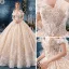 Schöne Champagner Brautkleider / Hochzeitskleider 2019 Ballkleid Off Shoulder Kurze Ärmel Rückenfreies Applikationen Spitze Kathedrale Schleppe Rüschen