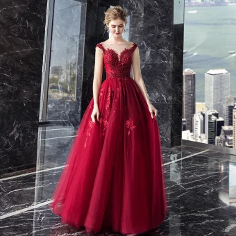 Charming Burgundy See Through Evening Dresses 2019 A Line Princess Square Neckline Sleeveless Appliques Lace Handmade Beading Floor Length Long Ruffle Backless
