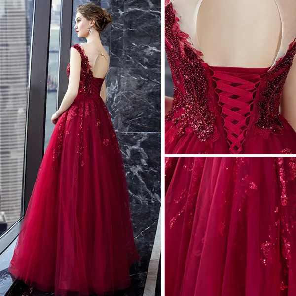Charmant Bordeaux Transparentes Robe De Soirée 2019 Princesse Encolure Carrée Sans Manches Appliques En Dentelle Fait main Perlage Longue Volants Dos Nu