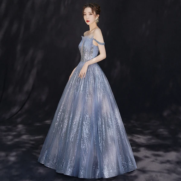 Charmant Bleu Ciel Robe De Soirée 2019 Princesse De l'épaule Transparentes Col v profond Manches Courtes Glitter Tulle Longue Volants Dos Nu Robe De Ceremonie