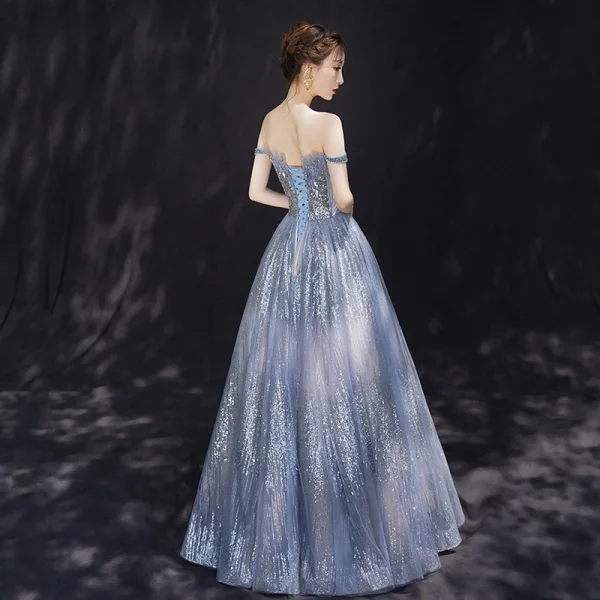 Charmant Bleu Ciel Robe De Soirée 2019 Princesse De l'épaule Transparentes Col v profond Manches Courtes Glitter Tulle Longue Volants Dos Nu Robe De Ceremonie