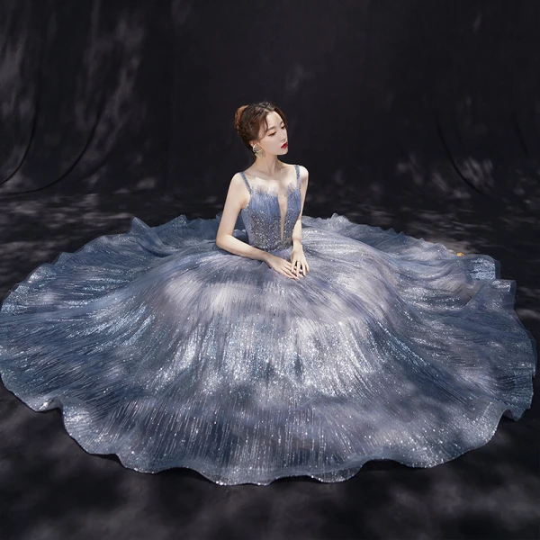 Charmant Bleu Ciel Robe De Soirée 2019 Princesse De l'épaule Transparentes Col v profond Manches Courtes Glitter Tulle Longue Volants Dos Nu Robe De Ceremonie
