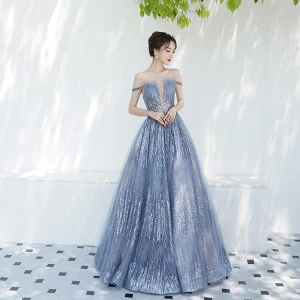 Charmant Bleu Ciel Robe De Soirée 2019 Princesse De L 039 Épaule Transparentes Col V Profond Manches Courtes Glitter Tulle Longue Volants Dos Nu Robe De Ceremonie