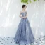 Charmant Bleu Ciel Robe De Soirée 2019 Princesse De l'épaule Transparentes Col v profond Manches Courtes Glitter Tulle Longue Volants Dos Nu Robe De Ceremonie