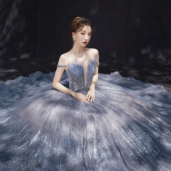 Charmant Bleu Ciel Robe De Soirée 2019 Princesse De l'épaule Transparentes Col v profond Manches Courtes Glitter Tulle Longue Volants Dos Nu Robe De Ceremonie