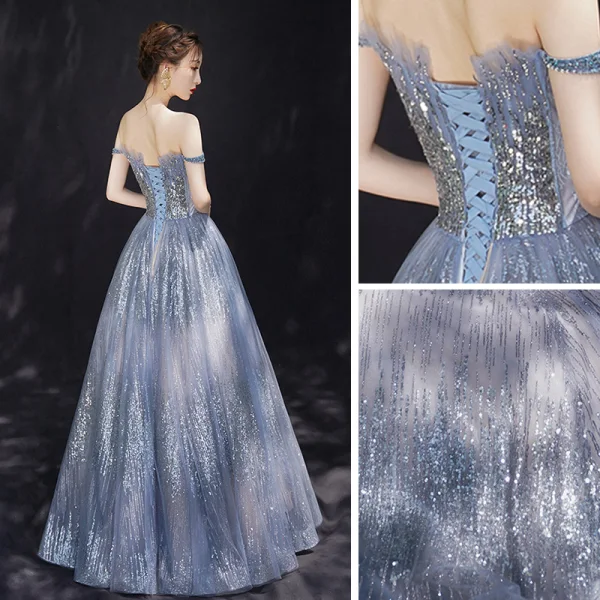 Charmant Bleu Ciel Robe De Soirée 2019 Princesse De l'épaule Transparentes Col v profond Manches Courtes Glitter Tulle Longue Volants Dos Nu Robe De Ceremonie