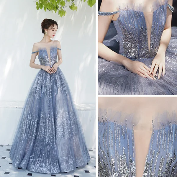 Charmant Bleu Ciel Robe De Soirée 2019 Princesse De l'épaule Transparentes Col v profond Manches Courtes Glitter Tulle Longue Volants Dos Nu Robe De Ceremonie
