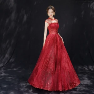 Luxe Bordeaux Transparentes Robe De Soirée 2019 Princesse Col Haut Sans Manches Paillettes Perlage Glitter Tulle Longue Volants Dos Nu Robe De Ceremonie