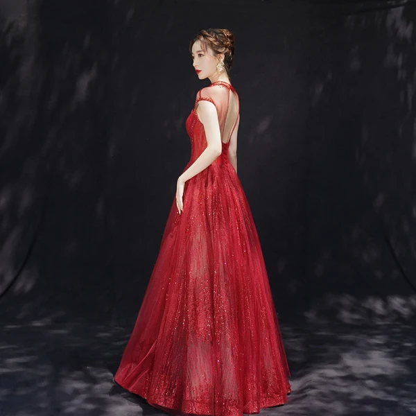 Luxe Bordeaux Transparentes Robe De Soirée 2019 Princesse Col Haut Sans Manches Paillettes Perlage Glitter Tulle Longue Volants Dos Nu Robe De Ceremonie
