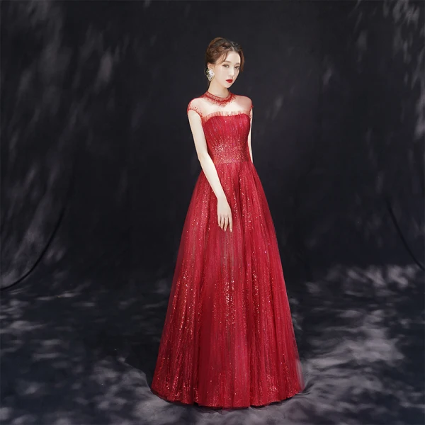 Luxe Bordeaux Transparentes Robe De Soirée 2019 Princesse Col Haut Sans Manches Paillettes Perlage Glitter Tulle Longue Volants Dos Nu Robe De Ceremonie