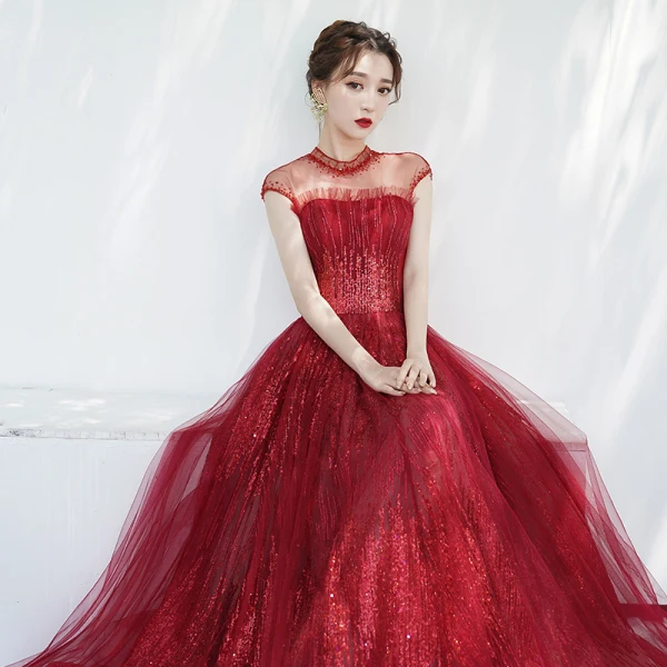 Luxe Bordeaux Transparentes Robe De Soirée 2019 Princesse Col Haut Sans Manches Paillettes Perlage Glitter Tulle Longue Volants Dos Nu Robe De Ceremonie