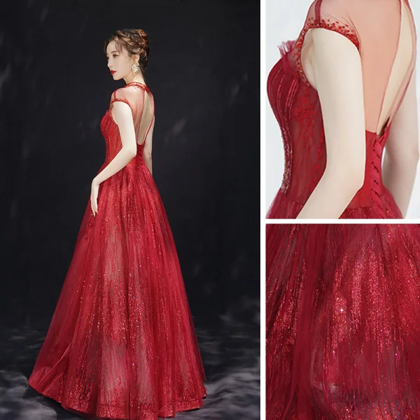 Luxe Bordeaux Transparentes Robe De Soirée 2019 Princesse Col Haut Sans Manches Paillettes Perlage Glitter Tulle Longue Volants Dos Nu Robe De Ceremonie
