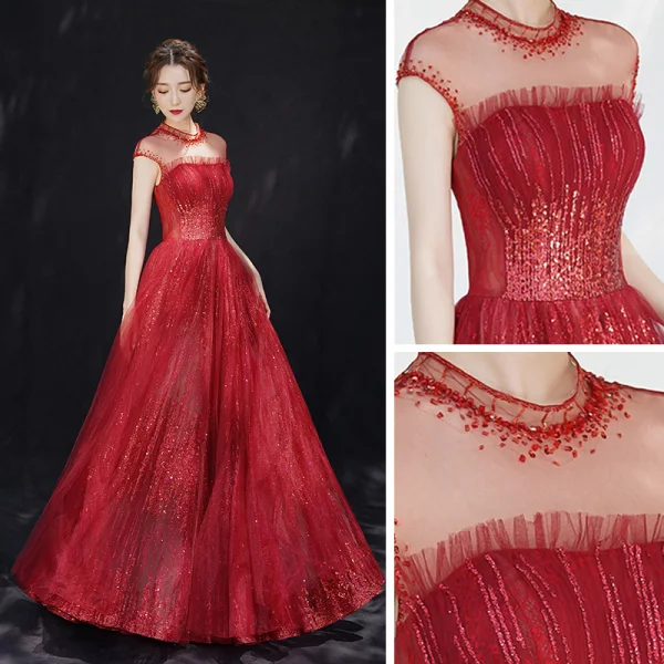 Luxe Bordeaux Transparentes Robe De Soirée 2019 Princesse Col Haut Sans Manches Paillettes Perlage Glitter Tulle Longue Volants Dos Nu Robe De Ceremonie