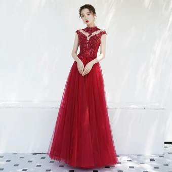 Style Chinois Bordeaux Transparentes Robe De Soirée 2019 Princesse Col Haut Sans Manches Appliques En Dentelle Perlage Longue Volants Dos Nu Robe De Ceremonie