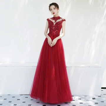 Chinese Style Burgundy See Through Evening Dresses 2019 A Line Princess High Neck Sleeveless Appliques Lace Beading Floor Length Long Ruffle Backless Formal Dresses