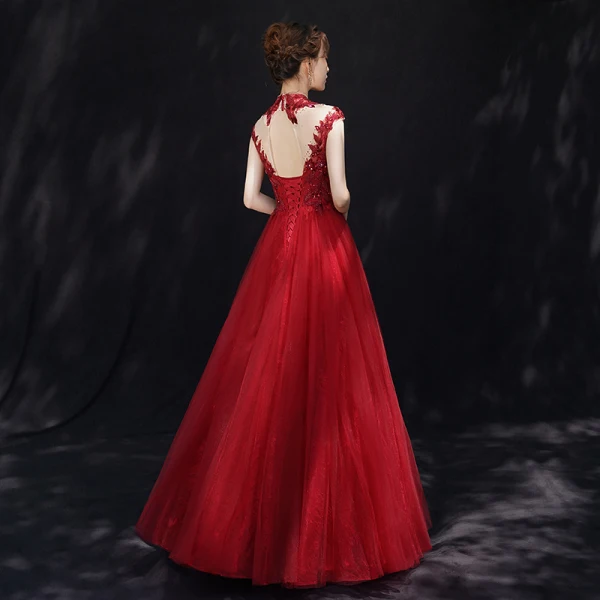 Chinese style Burgundy See-through Evening Dresses 2019 A-Line / Princess High Neck Sleeveless Appliques Lace Beading Floor-Length / Long Ruffle Backless Formal Dresses