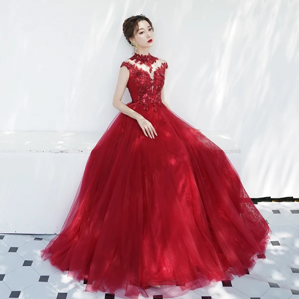 Chinese style Burgundy See-through Evening Dresses 2019 A-Line / Princess High Neck Sleeveless Appliques Lace Beading Floor-Length / Long Ruffle Backless Formal Dresses