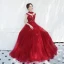 Chinese style Burgundy See-through Evening Dresses  2019 A-Line / Princess High Neck Sleeveless Appliques Lace Beading Floor-Length / Long Ruffle Backless Formal Dresses