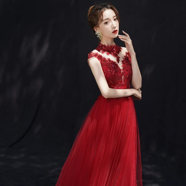 Chinese style Burgundy See-through Evening Dresses 2019 A-Line / Princess High Neck Sleeveless Appliques Lace Beading Floor-Length / Long Ruffle Backless Formal Dresses