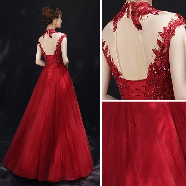 Chinese style Burgundy See-through Evening Dresses 2019 A-Line / Princess High Neck Sleeveless Appliques Lace Beading Floor-Length / Long Ruffle Backless Formal Dresses